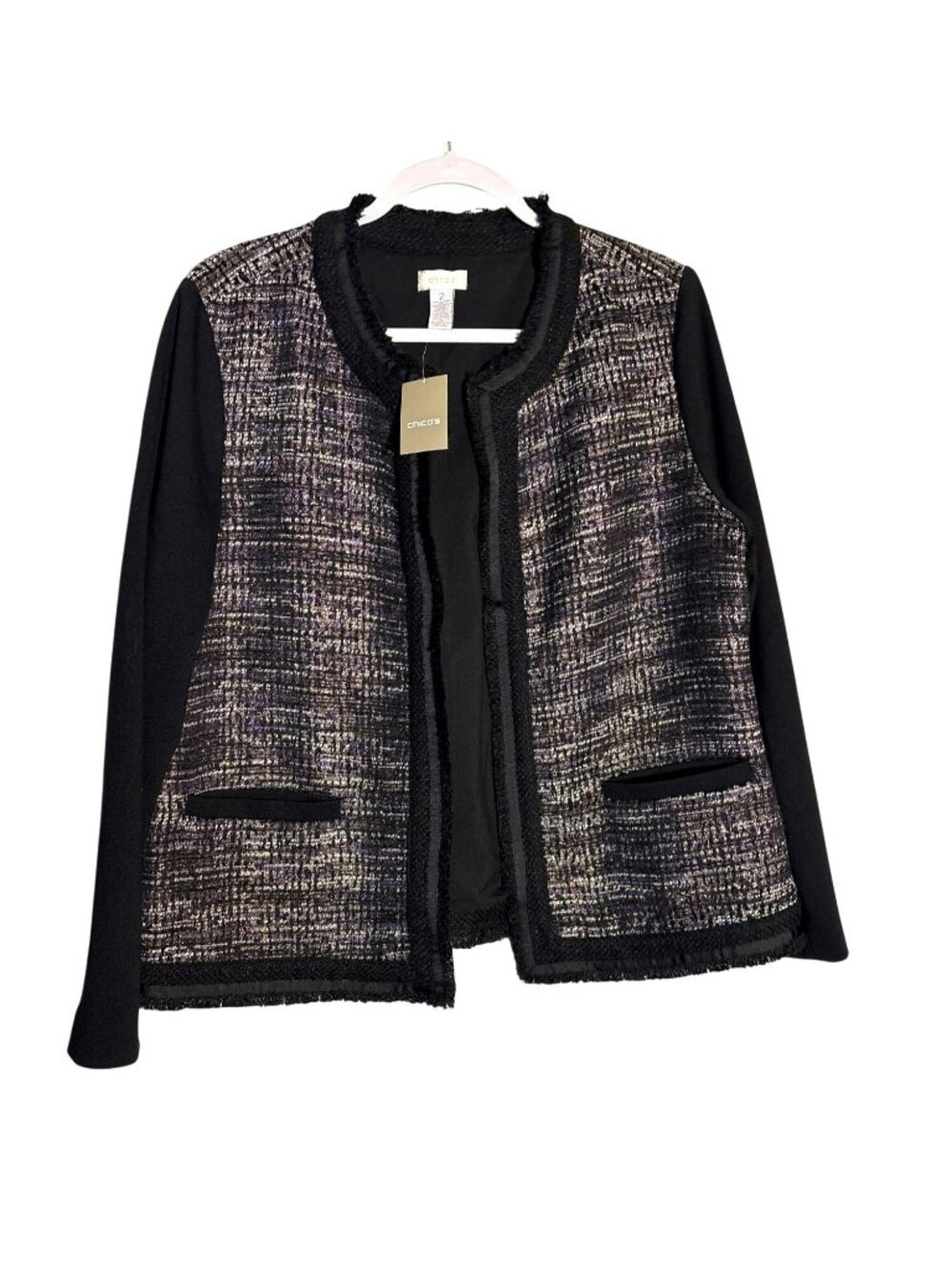 NWT Chico's Open Front Black & Purple Mixed Tweed Jacket Size 2 US Size 12
